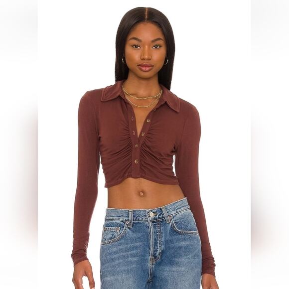 Lovers + Friends Bernie Crop Top Brown Size XL Long Sleeve Button Down NWT - Picture 1 of 6
